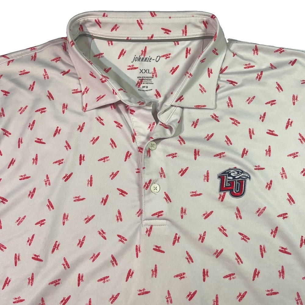 Johnnie-O Polo Shirt Mens 2XL White Red All Over Print Liberty University EUC